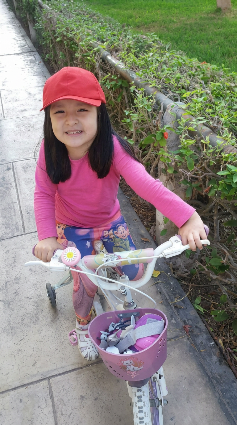 Angie de niña en su bicicleta
